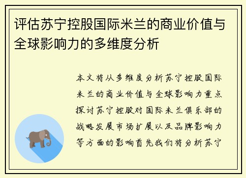 评估苏宁控股国际米兰的商业价值与全球影响力的多维度分析